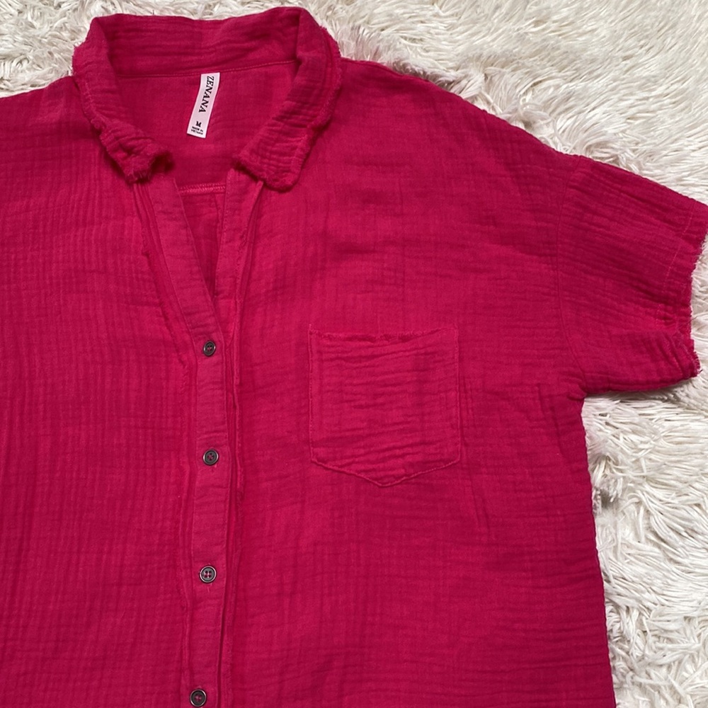 Zenana Button Down Gauze Top 💗 Pink - Picture 8 of 14